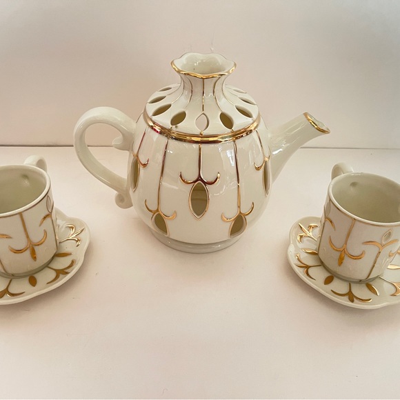 Partylite Tea for Two Votive Candle Teapot Teacup Saucer Set Ivory Gold 6 Pieces - Picture 5 of 14